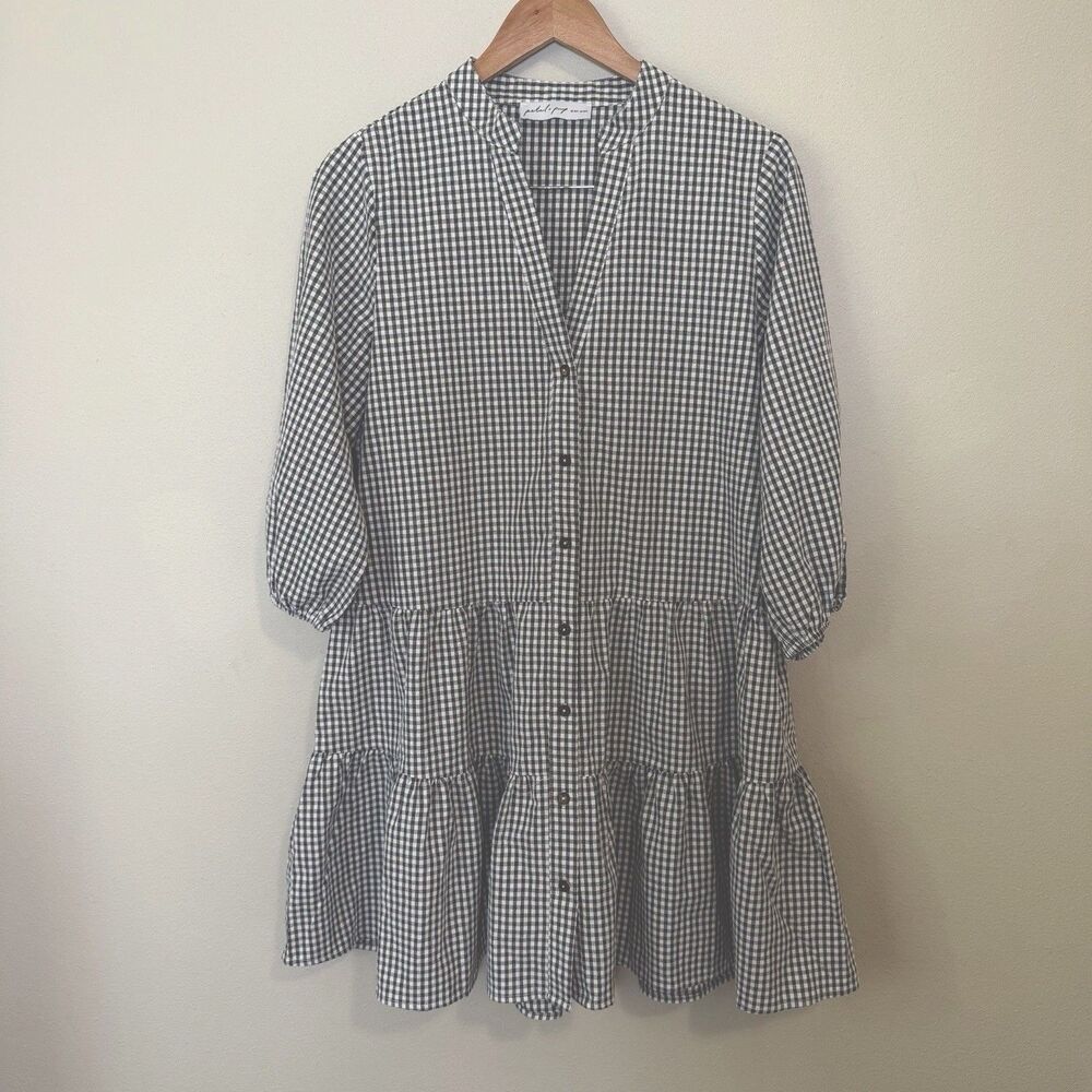 Petal + Pup Gingham Tiered Babydoll Dress Grey White Button Front Split Neck M/L